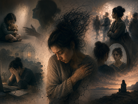 Illustration depicting the emotional impact of unmet childhood needs on adult life, including isolation, self-protection and inner conflict