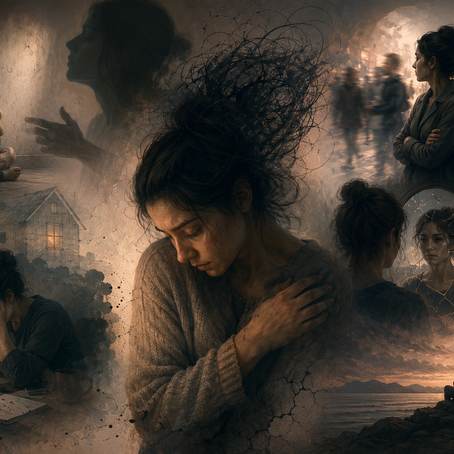 Illustration depicting the emotional impact of unmet childhood needs on adult life, including isolation, self-protection and inner conflict