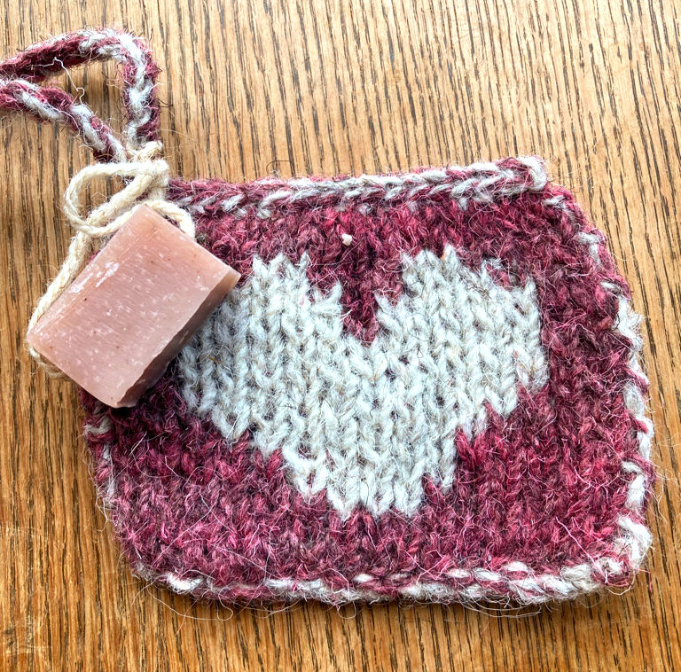 Thumbnail: Heart Hand-Knitted Exfoliating Shower Scrubby with Mini Soap-On-A-Rope