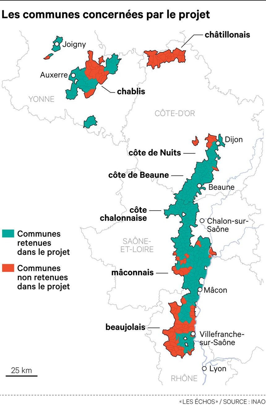 carte de projet de l’aire d’appellation Bourgogne par l'INAO