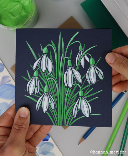 Snowdrop on navy, screenprinted greeting card | Hannah McVicar