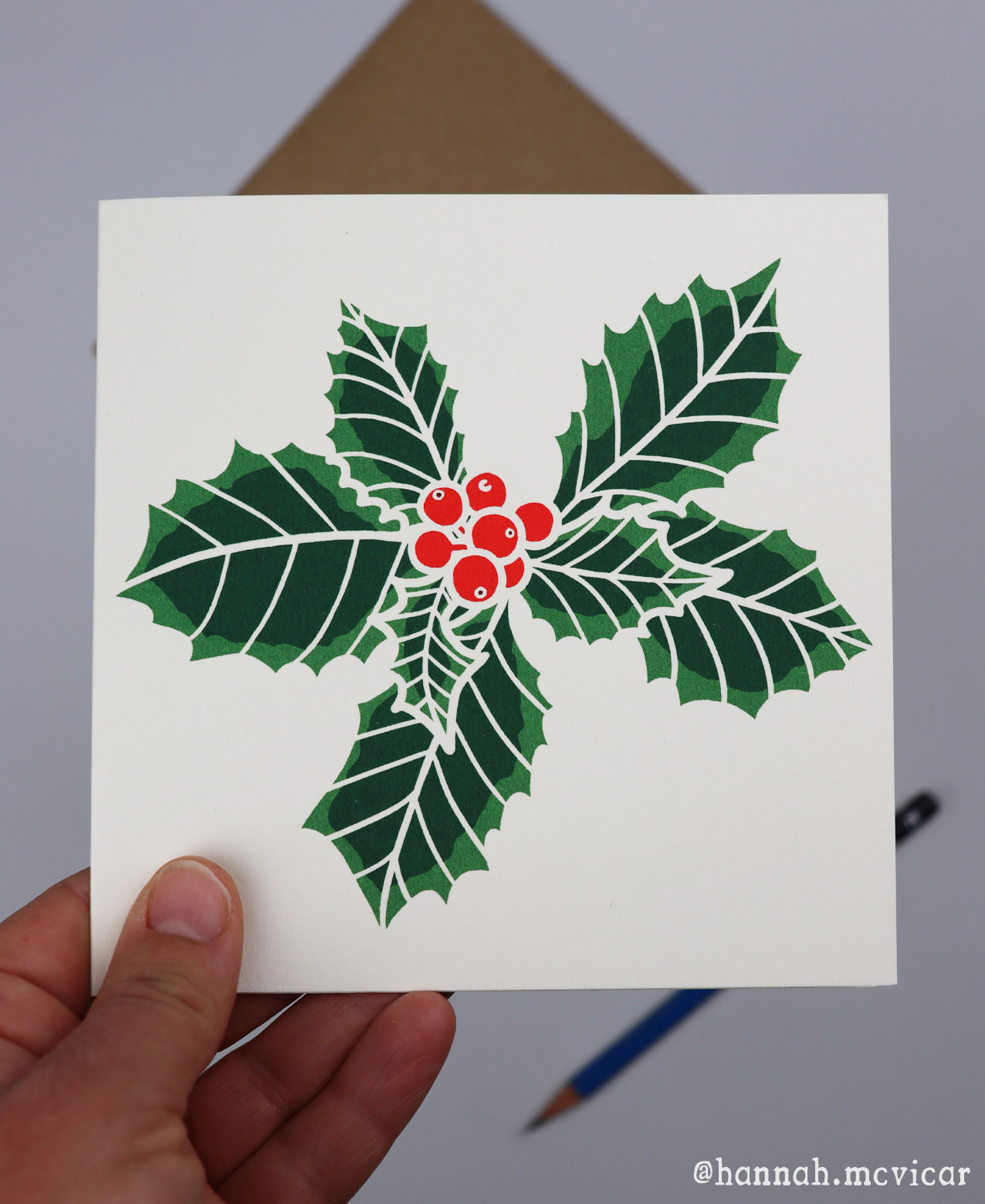 Holly, screenprinted greeting card, made by Hannah McVicar