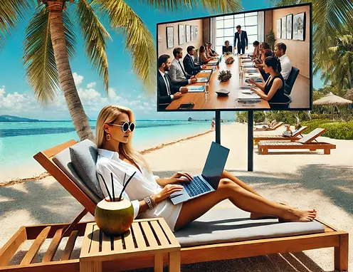 DALL·E 2024-07-17 01.24.15 - A blonde businesswoman relaxes on a tropical beach under a pa