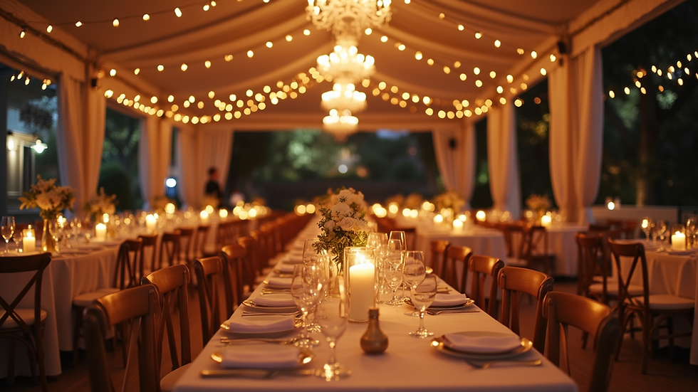 Wide angle view of a wedding reception setup with elegant lighting