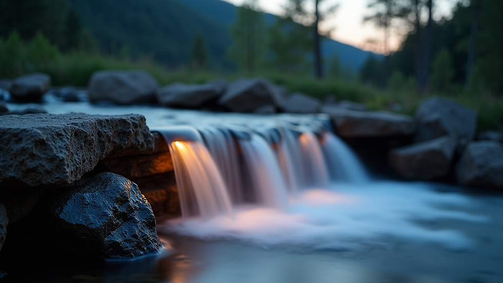 Close-up view of natural stone waterfall with LED lighting at dusk