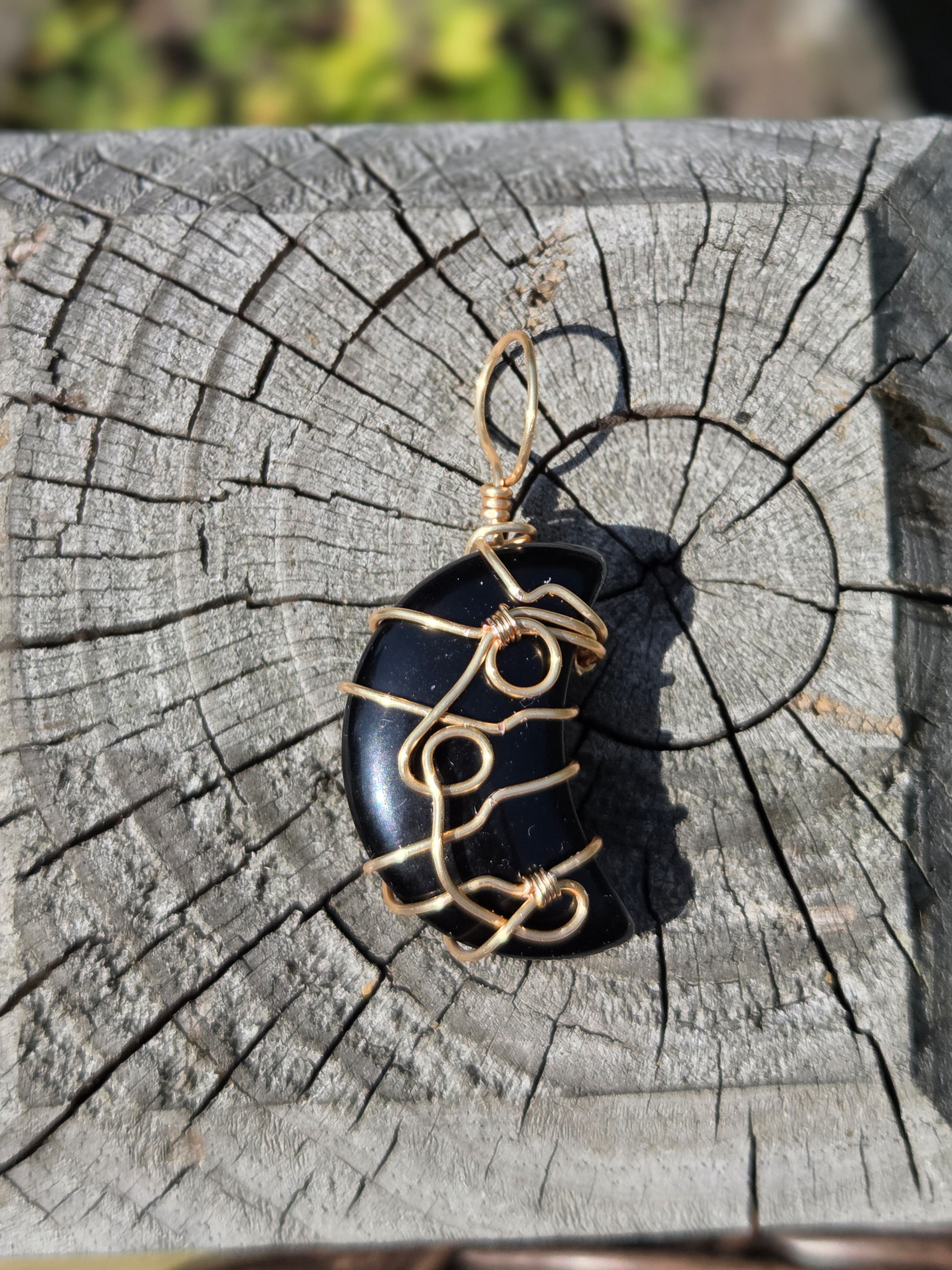 Obsidian Moon Pendant Wrapped in 14kt Gold