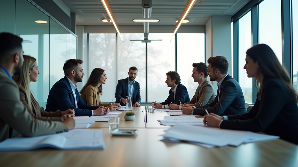 Eye-level view of a modern office meeting room with a project management team discussing plans