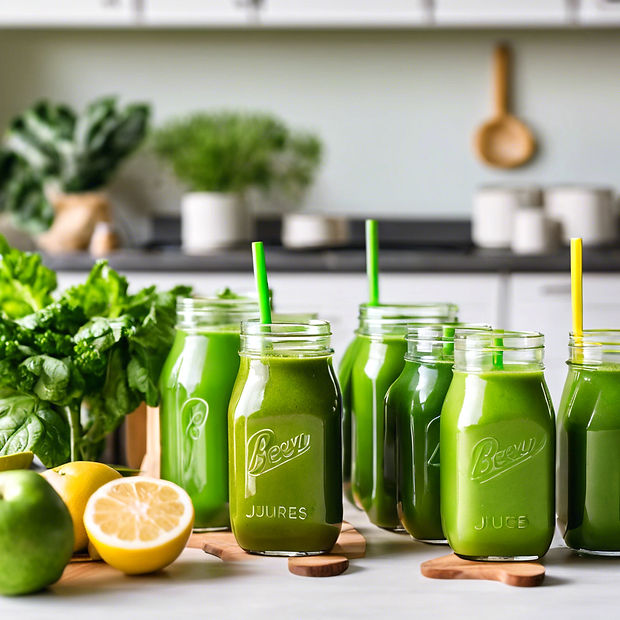 A close-up shot of a bevy of green juices in a bright and modern kitchen.jpg