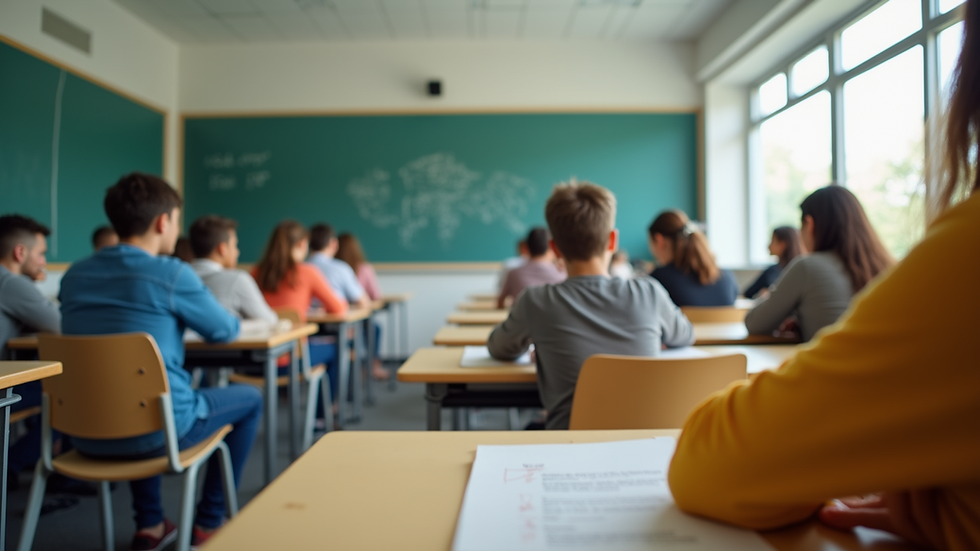 Eye-level view of a classroom setting with diverse students engaged in learning