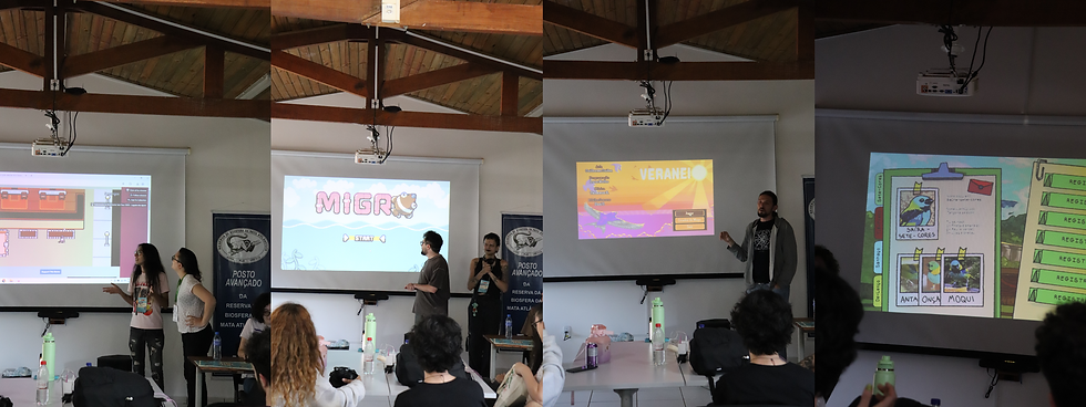 Apresentação final de alguns dos grupos. Na primeira foto, o jogo Jacu Café. Na segunda, o game Migro. Na terceira, Veraneio. Na quarta, o jogo Tem Pulseira no Comedouro.