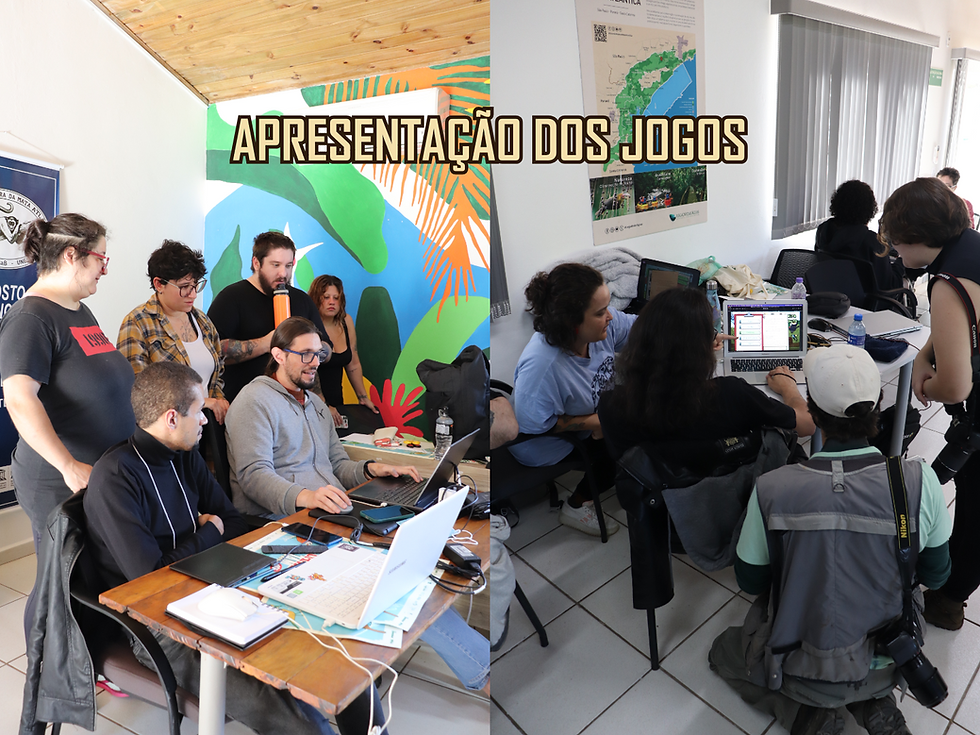 Participantes mostrando seus games (à esquerda) para os organizadores e para os biólogos Eduardo e Taynara da Reserva (á direita). O time da direita criou um game sobre a pesquisa feita na Reserva!
