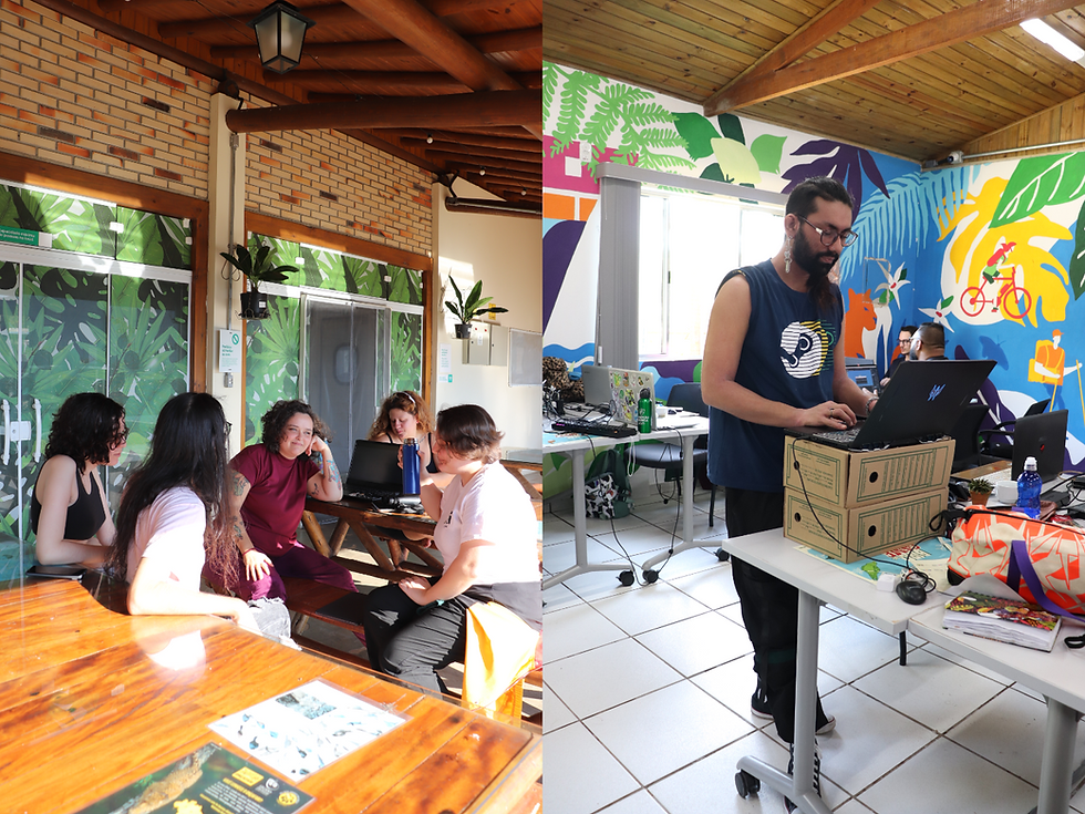 Participantes e bióloga no local próximo ao comedouro dos pássaros e participante Mila improvisando uma mesa alta.