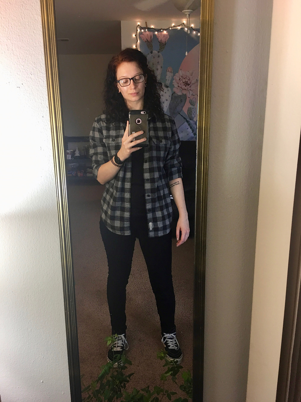 Same shirt, pants, and shoes, plus a black and grey plaid flannel from the men's section of American Eagle