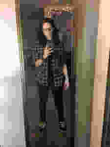 Same shirt, pants, and shoes, plus a black and grey plaid flannel from the men's section of American Eagle