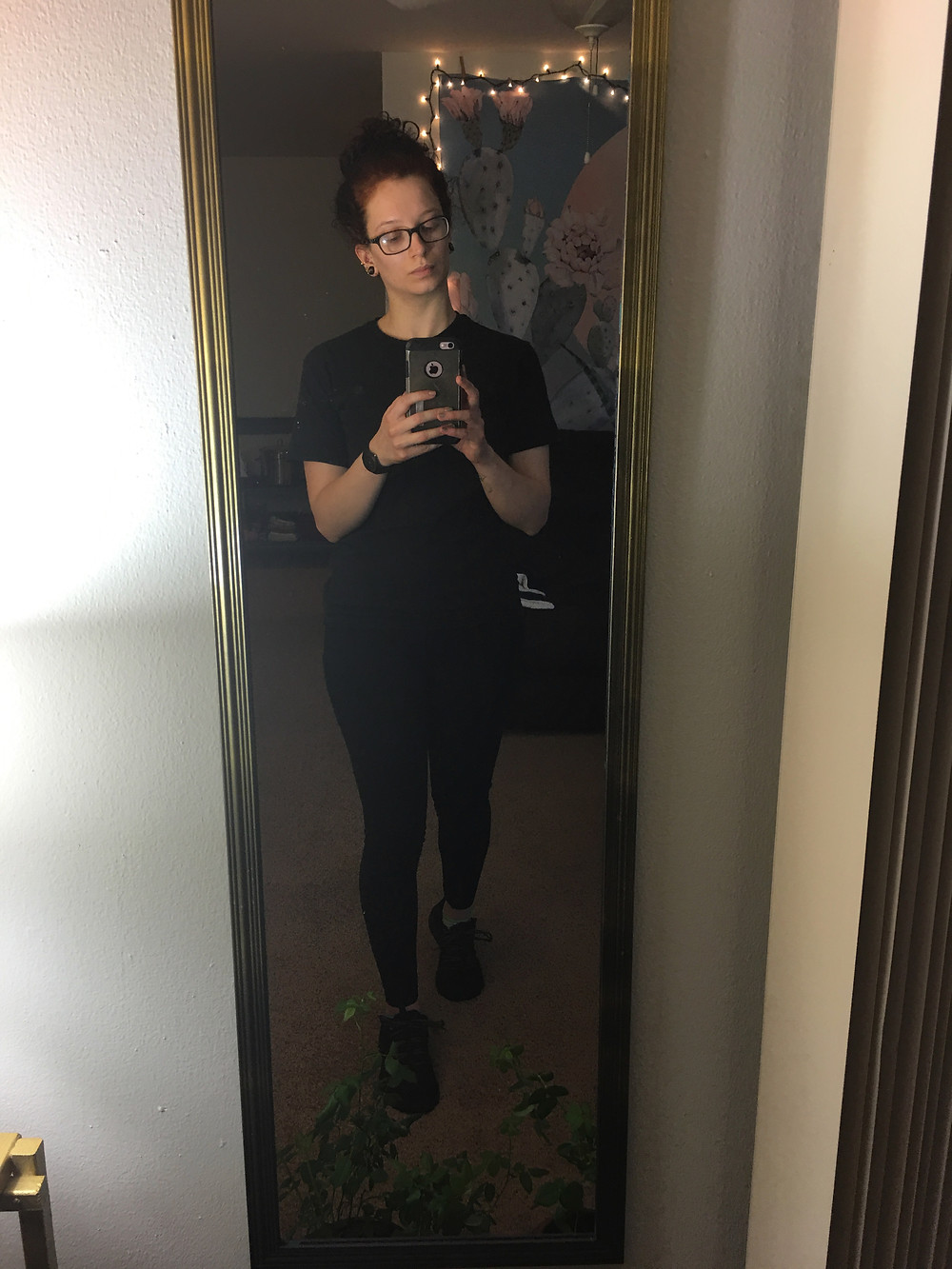 Plain black leggings WITH POCKETS, and that same black t-shirt, paired with my black and gold Puma sneakers