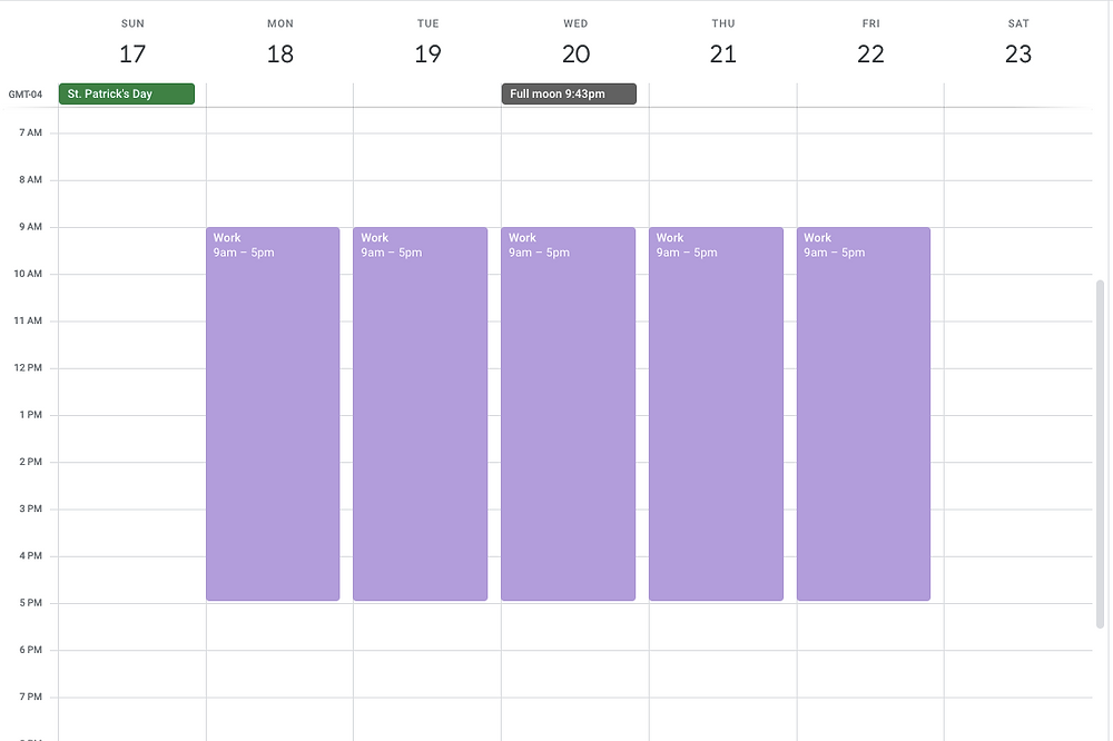 Calendar with work blocked out from 9-5 M-F