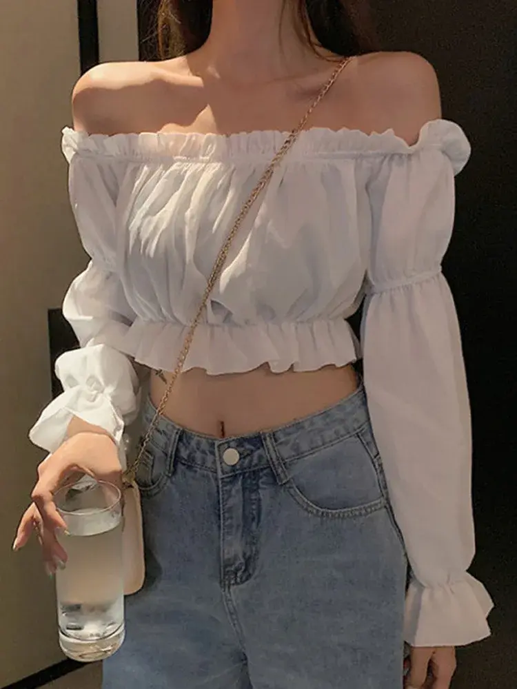 Women Top Sexy Blouse Off Shoulder Top Long Sleeve Solid Color White Shirt Puff