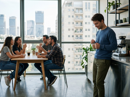 A young professional stands alone near the kitchen counter in a modern, open-plan office, preparing his coffee while a group of colleagues sit together and chat happily at a nearby table, enjoying the natural light and stunning city views.