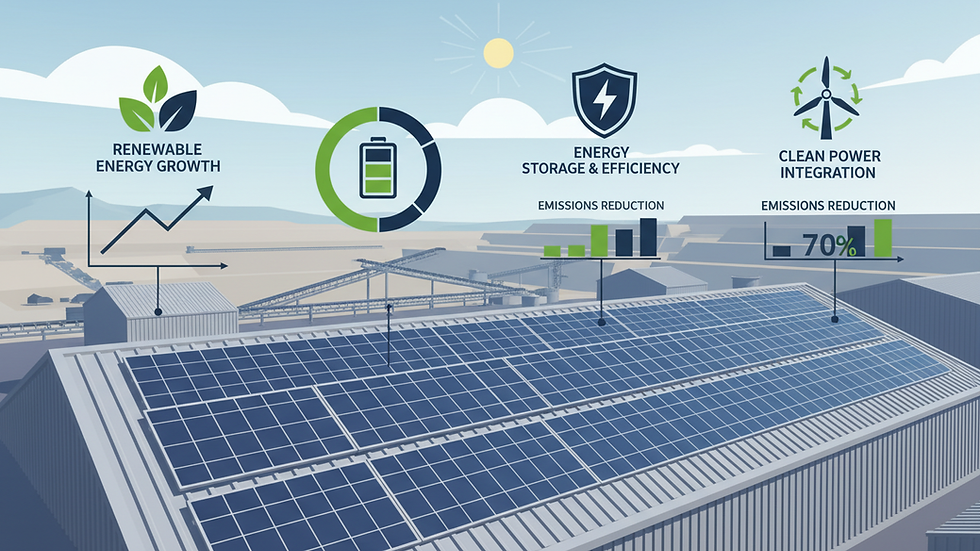 Eye-level view of solar panels installed on a mining facility roof