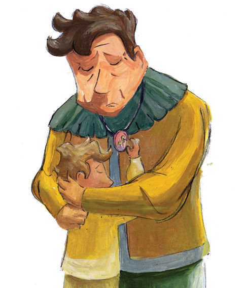Acrylic painting illustration of a father and son sad about the loss of their mother