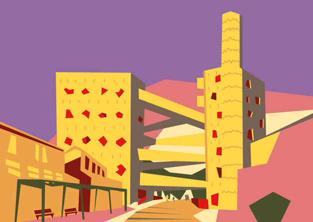 digital geometric illustration sunset sunlight city
