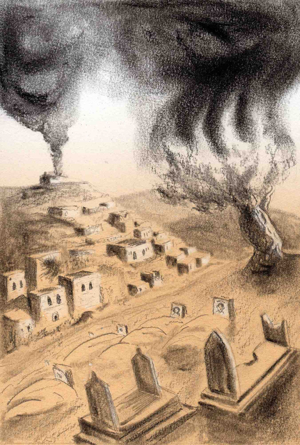 pencil illustration and digital painting of a burned and vacated city in Palestine