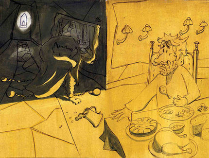 Acrylic illustration of Beauty and the Beast when the father is at a banquet in the monster's castle