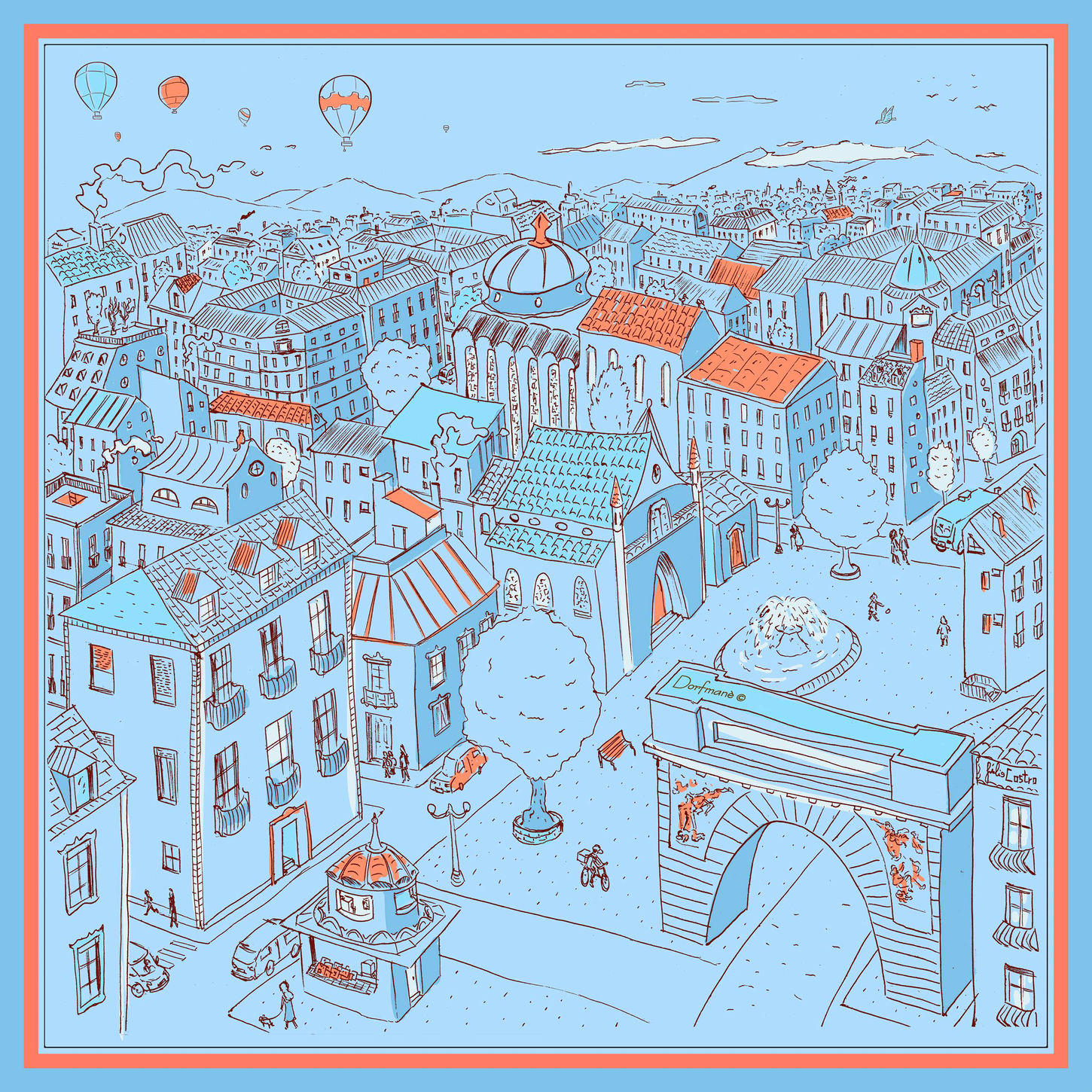 illustration for luxury scarf print with whimsical city style