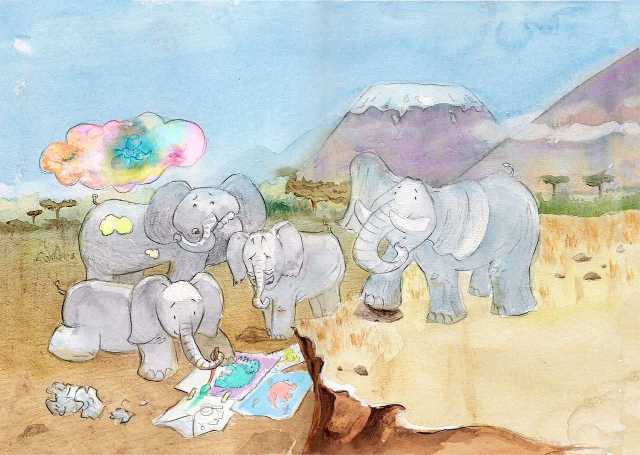 illustration watercolor savana elephants