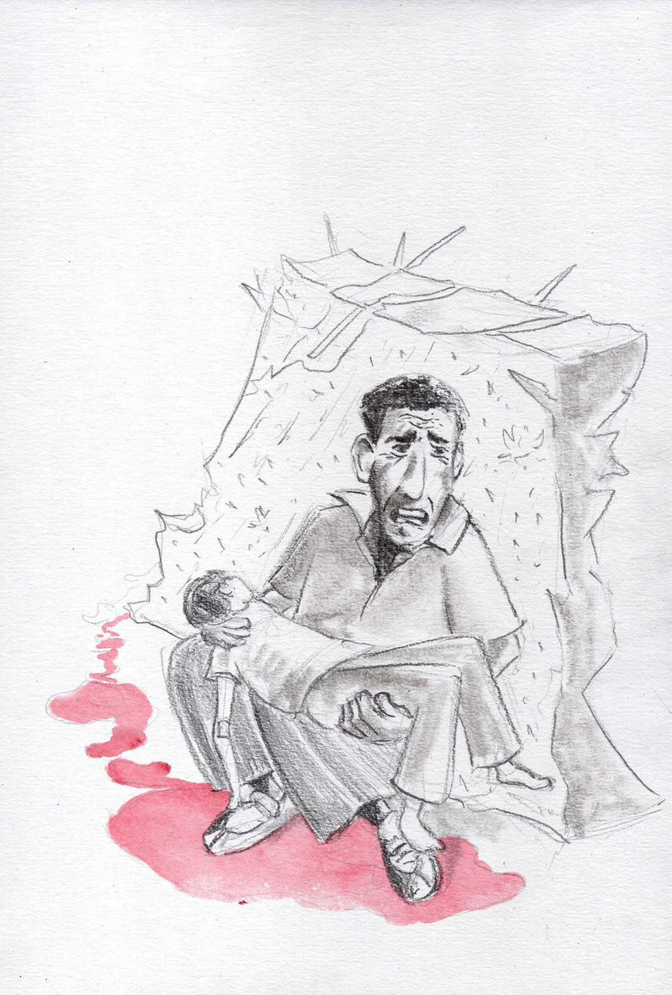 Tragic pencil illustration of father and son killed in the Middle East