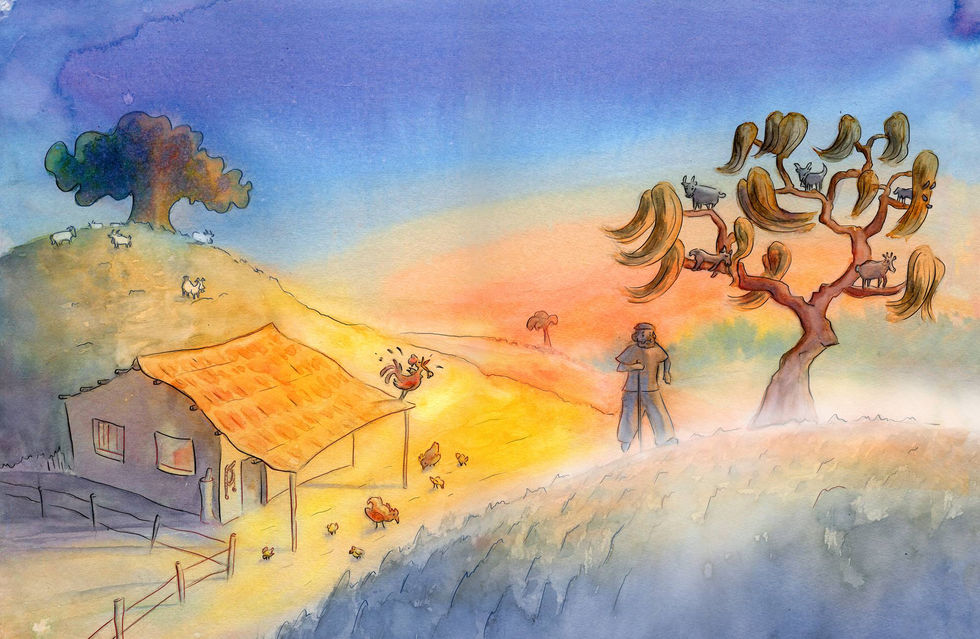 whimsical watercolor illustration of dawn in the countryside with cartoon rooster, chickens and goats