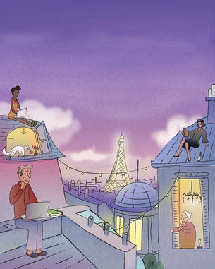 whimsical and typical urban illustration of rooftops with characters studying on notebooks in Parisian houses and drinking wine at night
