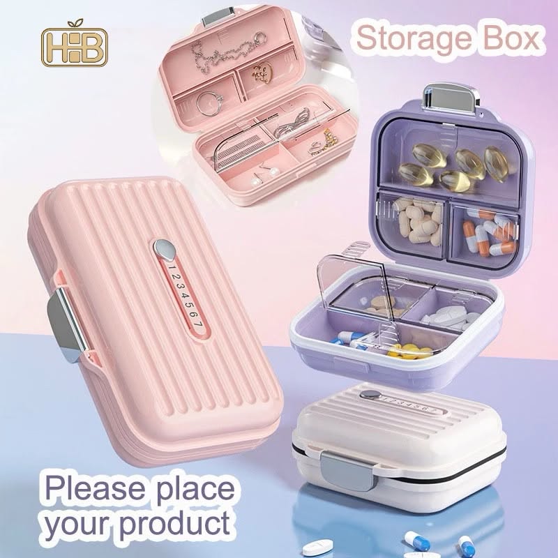Mini suitcase-style storage cases in pink, purple and white