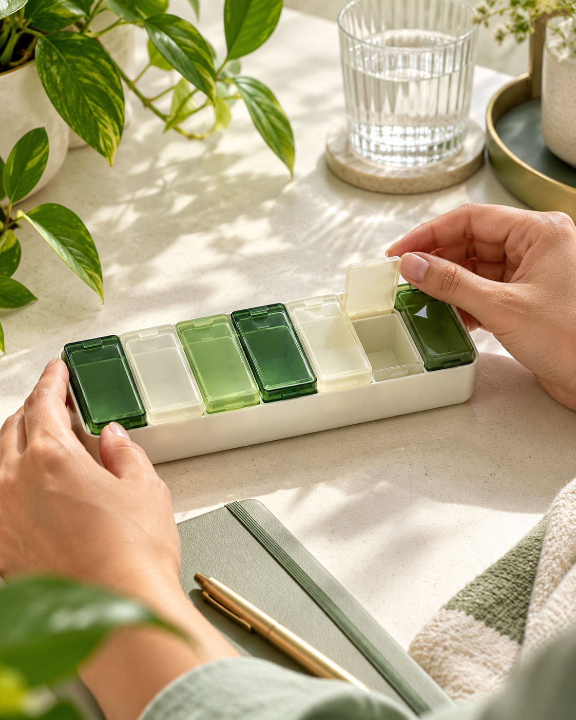 Hands checking an empty green-and-ivory organizer on a bright cream tabletop.
