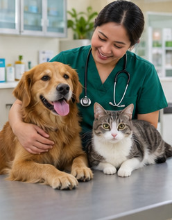 A veterinarian with a dog and cat
