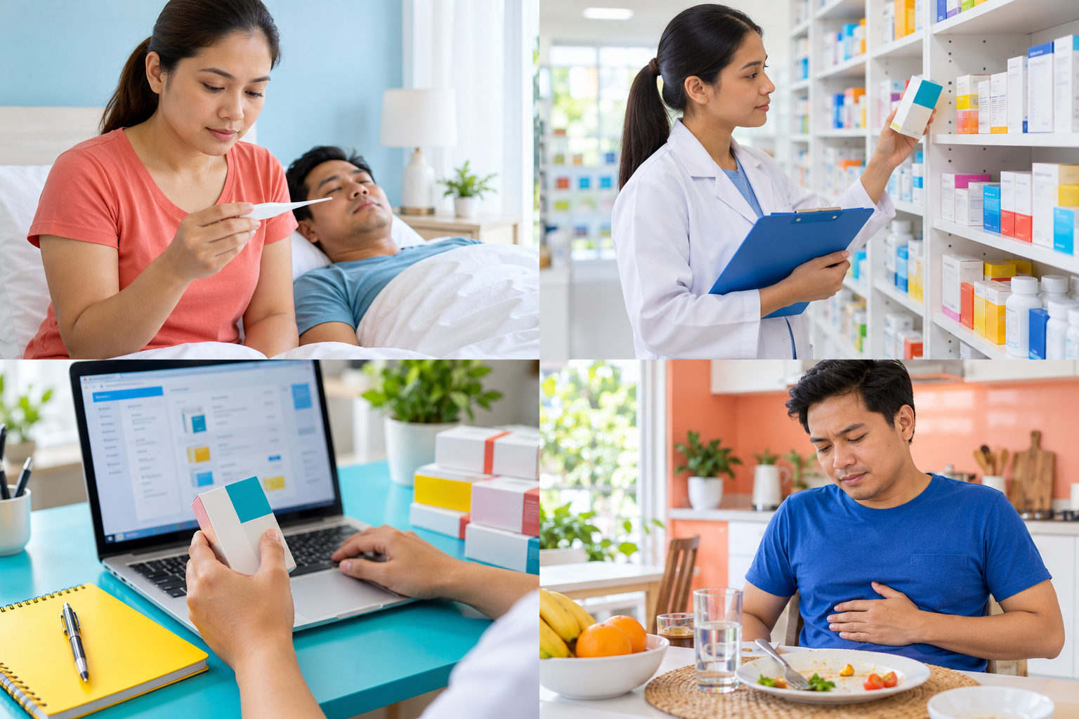 Hands checking a medicine carton against product information on a laptop beside a yellow notebook.