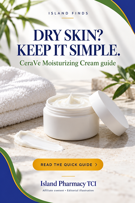 Island Finds editorial illustration of an unbranded cream jar and towel. Text: Dry skin? Keep it simple.