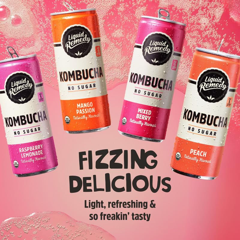 Liquid Remedy Kombucha Sugar Free Organic Drink, Low Calorie, Carbonated Gut Health Beverage with Probiotic Like Benefits - 6 Flavor Super Sampler Variety Pack