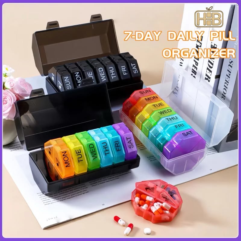 Weekly pill organizer with removable daily pods and four sections per day