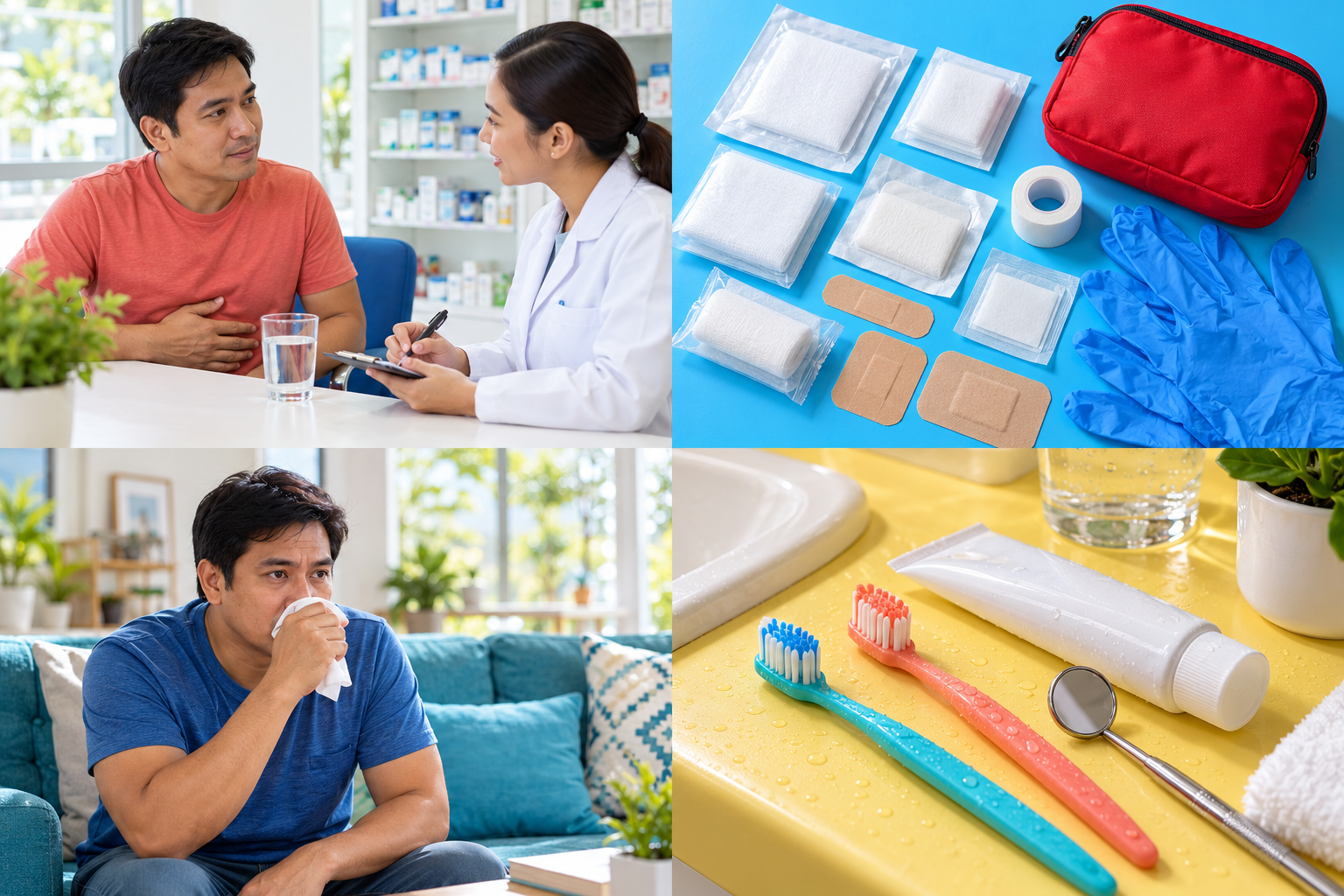 A Filipino man using a tissue during a cough at home beside a teal sofa.