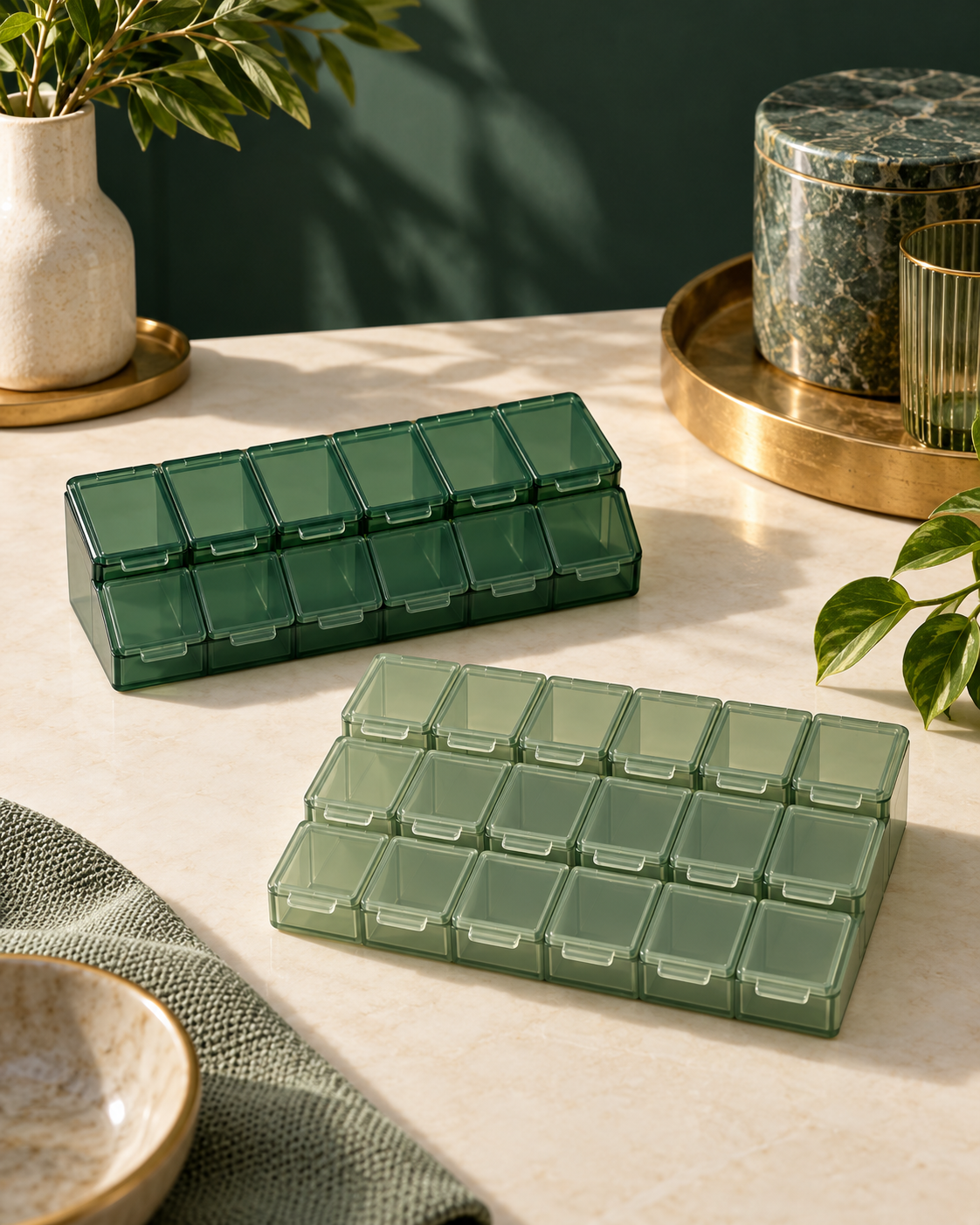 Two empty green organizer layouts on an ivory surface, shown as generic illustrations.