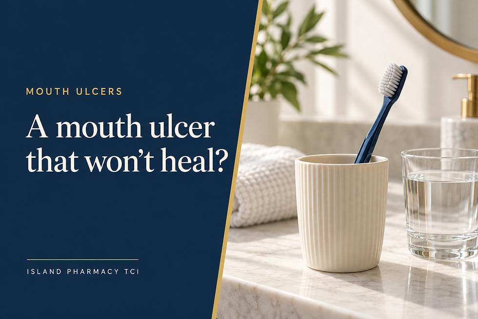 Soft toothbrush and water glass beside the words A mouth ulcer that won't heal?