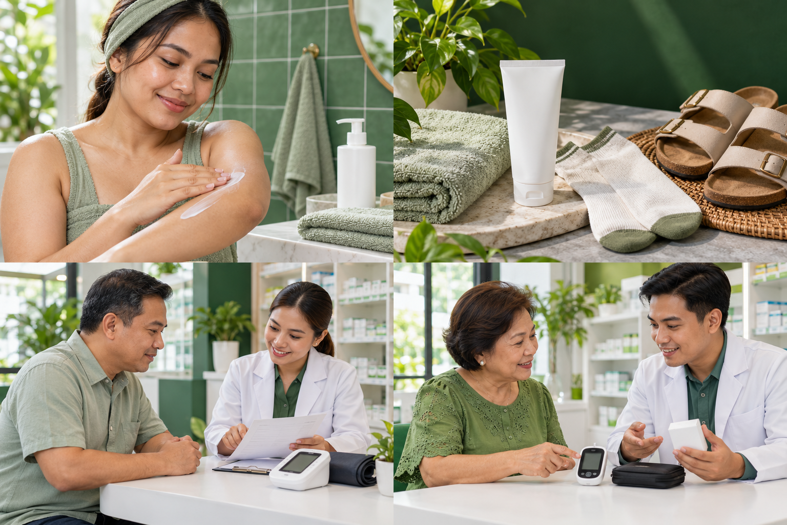 A Filipino man and pharmacist reviewing a blood-pressure log beside an unused monitor in a green consultation area.