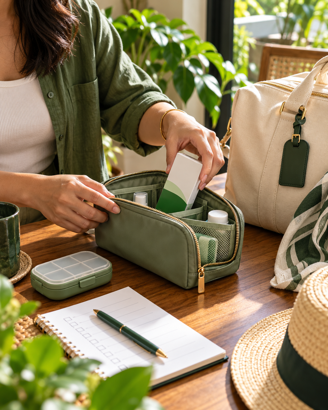 Hands packing a sage travel pouch beside a compact case, plain carton and checklist.