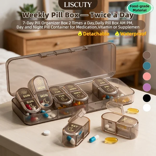 LISCUTY seven-day AM/PM pill organizer with removable compartments