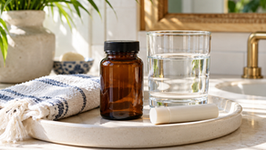 Supplement bottle, lip balm and water on a ceramic tray.