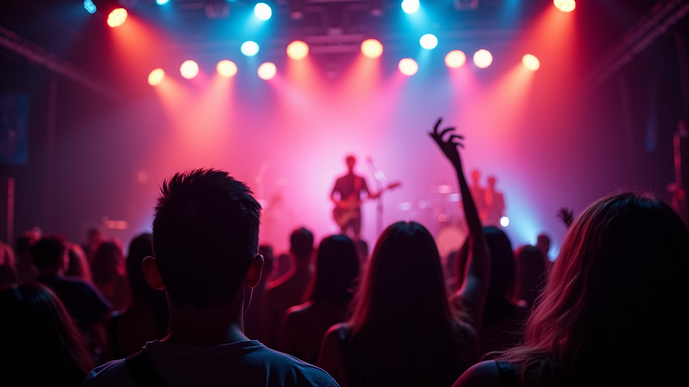 Eye-level view of a stage with colorful lighting at a live music event