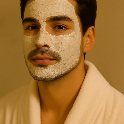 Man wearing botanical skincare face mask on his face as part of the Chamomile Botanical Men's Skincare line