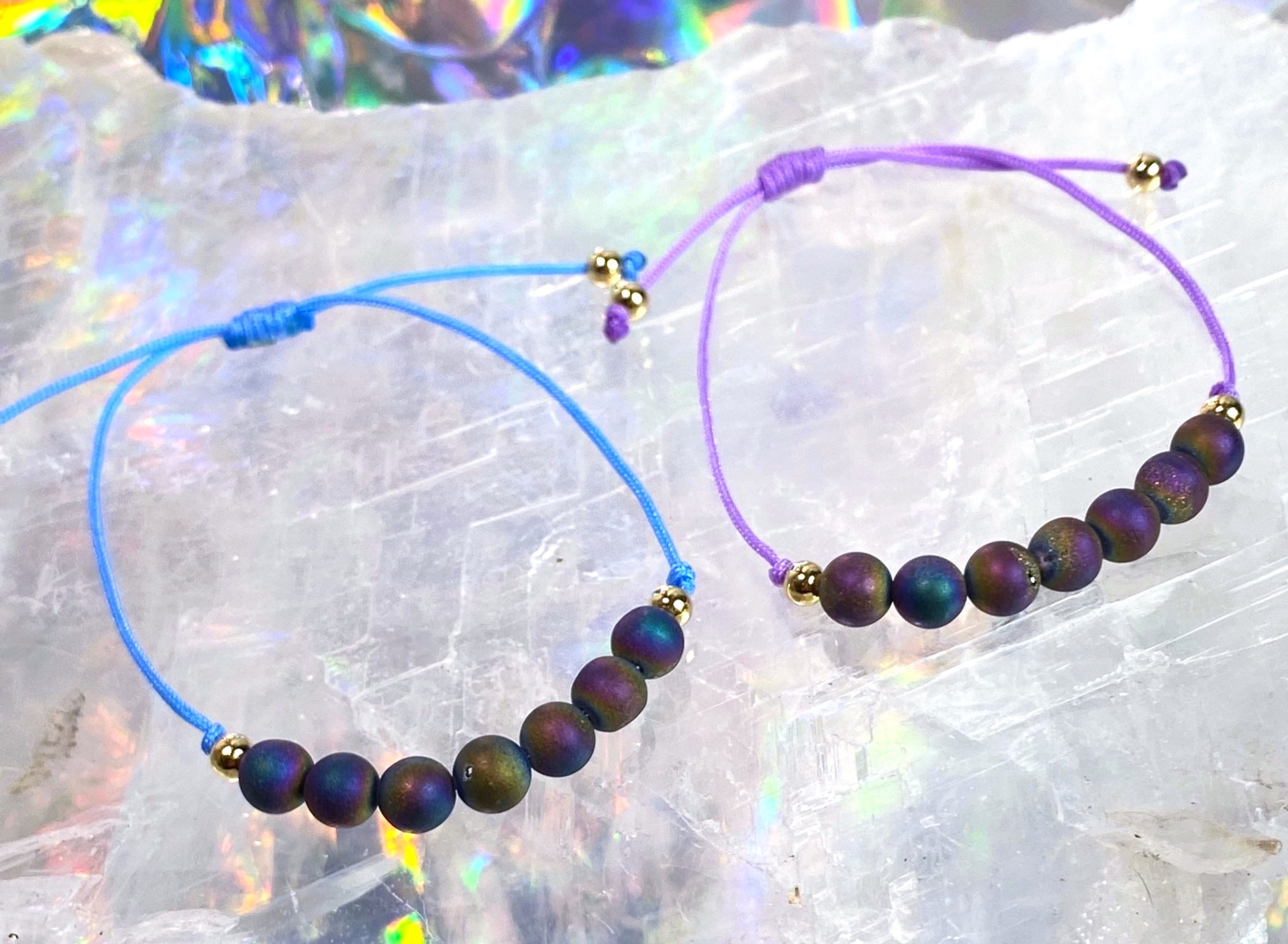 Rainbow Titanium Quartz minimal cord bracelet gold filled