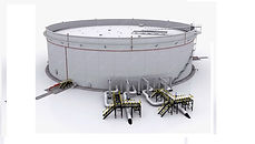 3D Image, view of a large oil storage tank with multiple piping connections at its base. A rolling ladder is attached on the top of the tank, providing access to the top. Adjacent to the tank, a spherical stairway spirals upwards, leading to a platform at the top. In the distance, a windgrider is visible against the sky